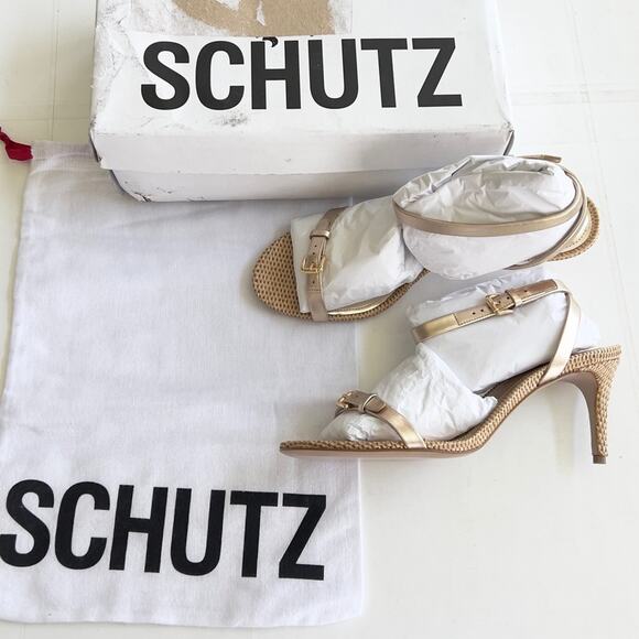 New SCHUTZ Aurora Mid Heel Sandal Women's SIZE 9.5 Gold Metalic Napa Platina - Picture 2 of 12